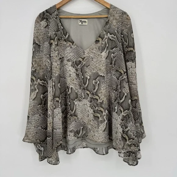 Show Me Your Mumu Brown Snake Print Tunic Blouse V-Neck Flowy Bell Sleeve Med - Picture 1 of 6